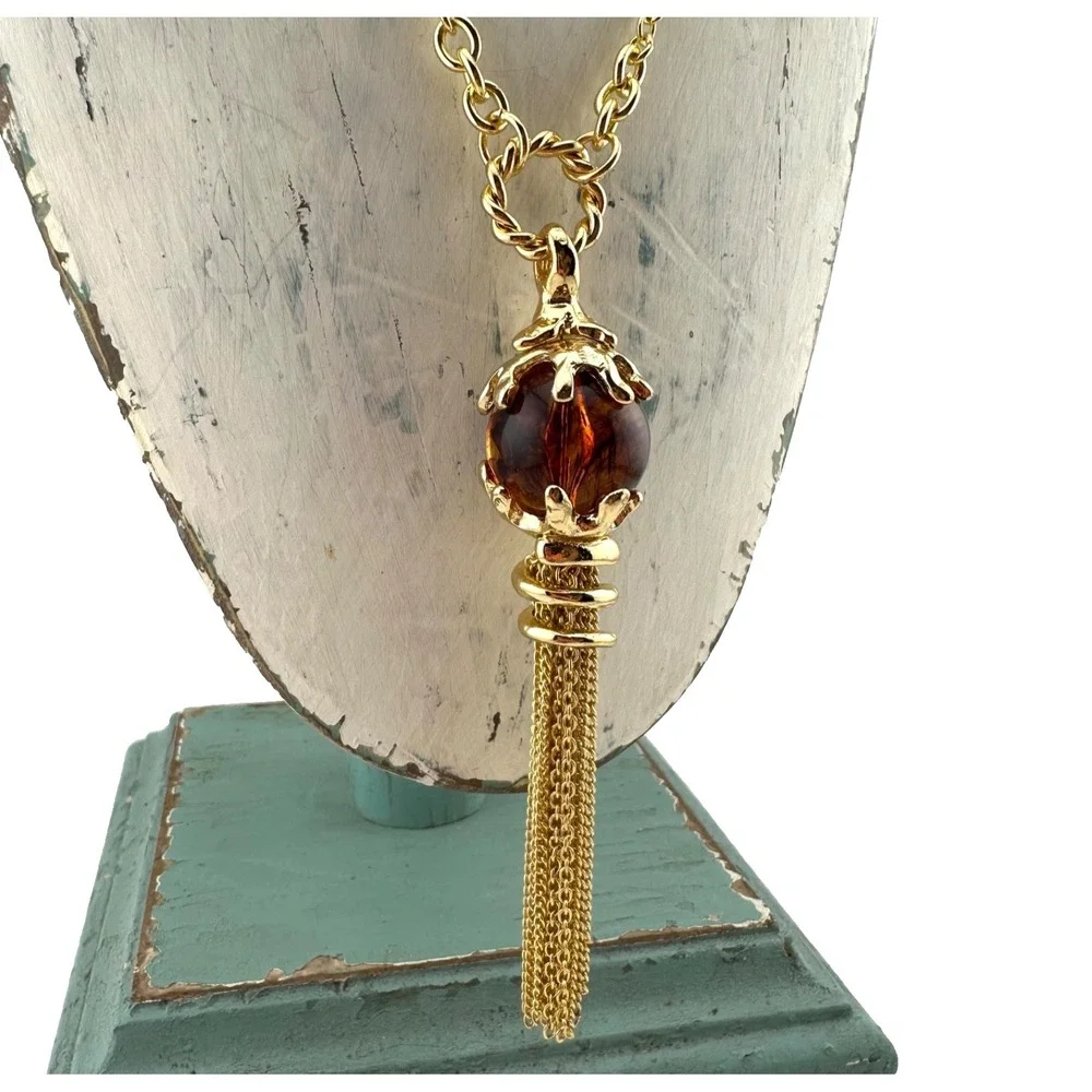 H&M‎ Amber Beaded Tassel Necklace Gold Tone Statement Necklace NWT